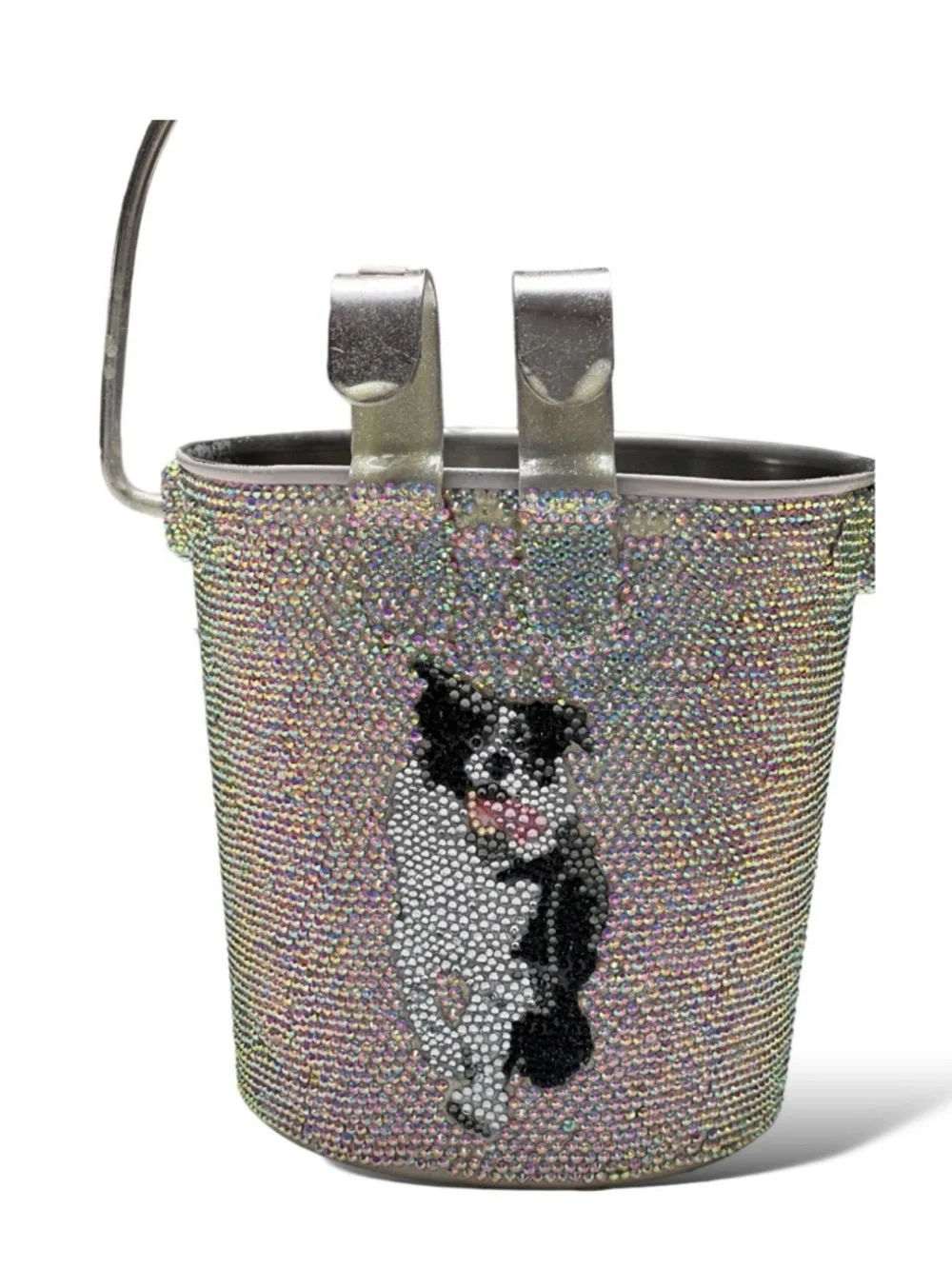 Bejeweled Crate Bucket – Iridescent with Black Border Collie Design